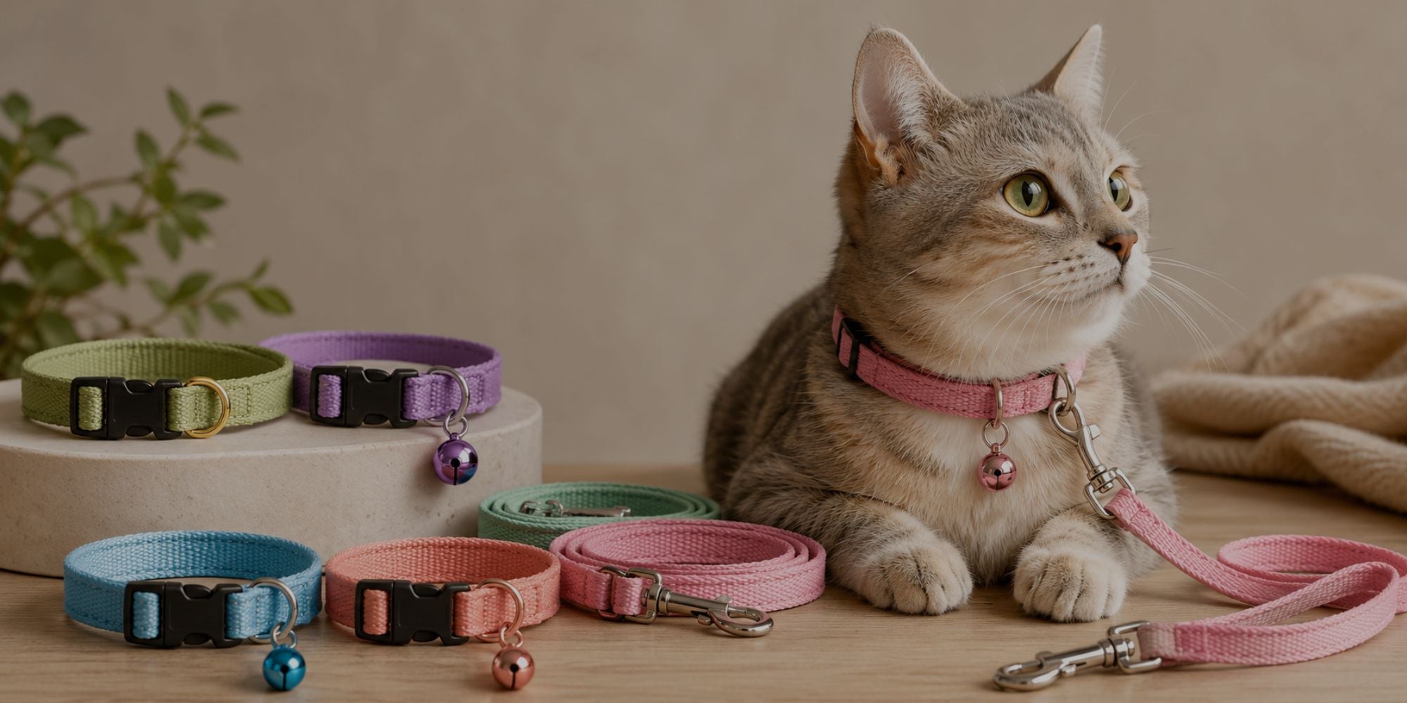 Cat sitting on a table with various colorful pet collars and leashes.