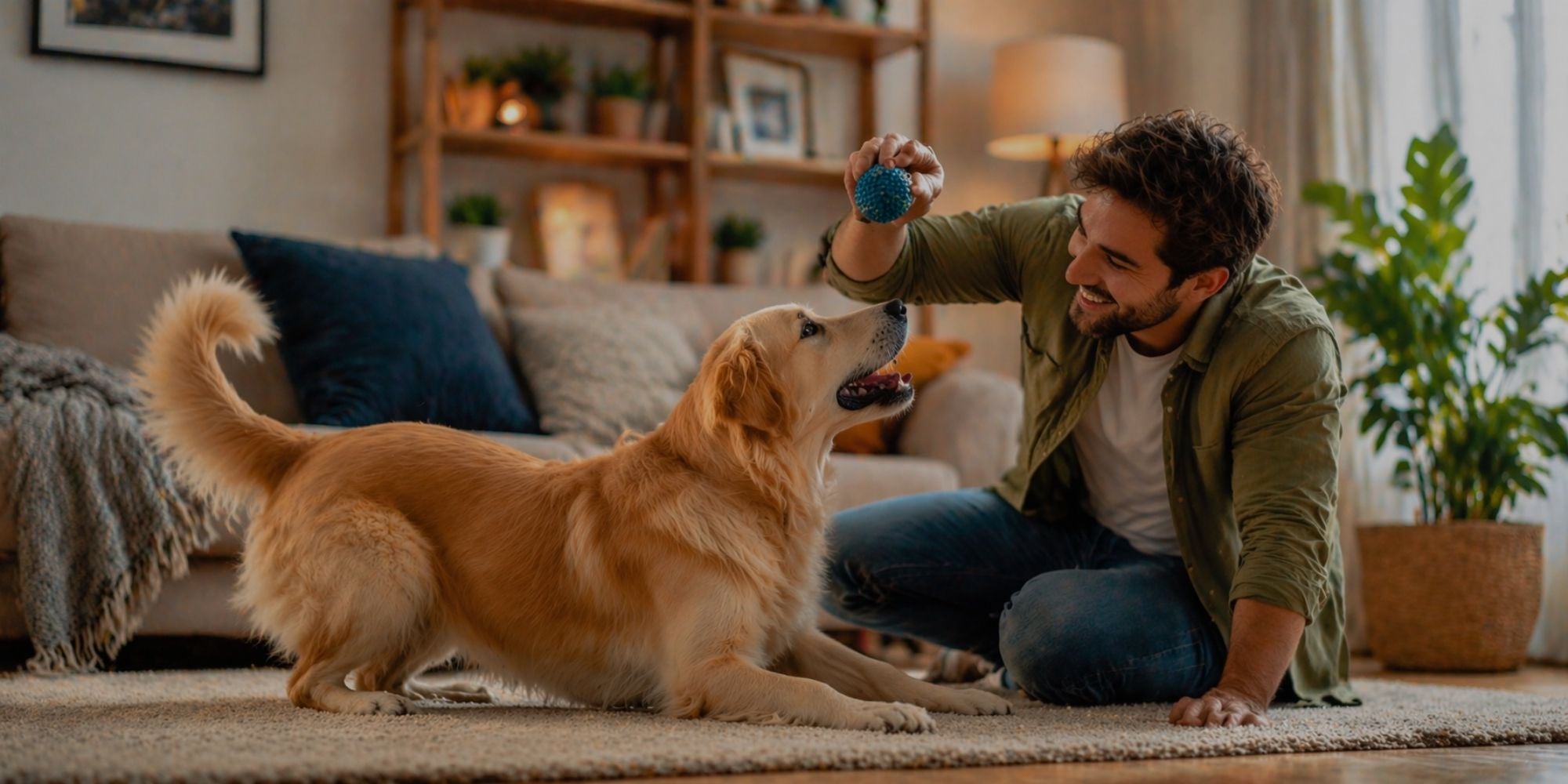 Man playing with a dog in a cozy living room